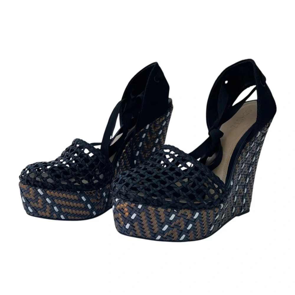 SCHUTZ Eymy Tresse Black and Bronze Wedge Platform Woven Detail Sz. 9.5